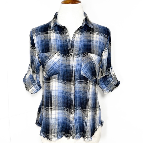 Anthropologie Blue Plaid High Low Fringe Hem Roll Sleeve Buttondown Shirt - Picture 4 of 12